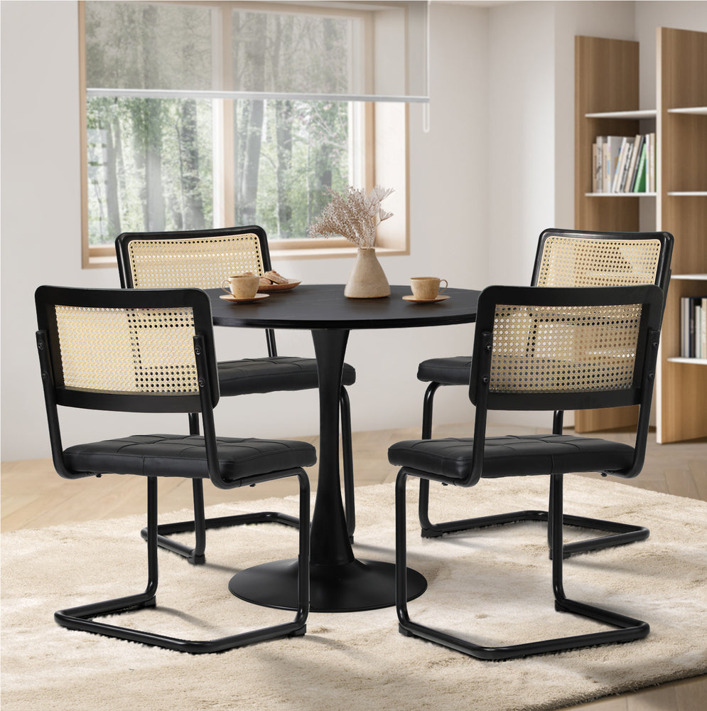 Oikiture 90cm Round Dining Table with 4PCS Dining Chairs PU Leather Black