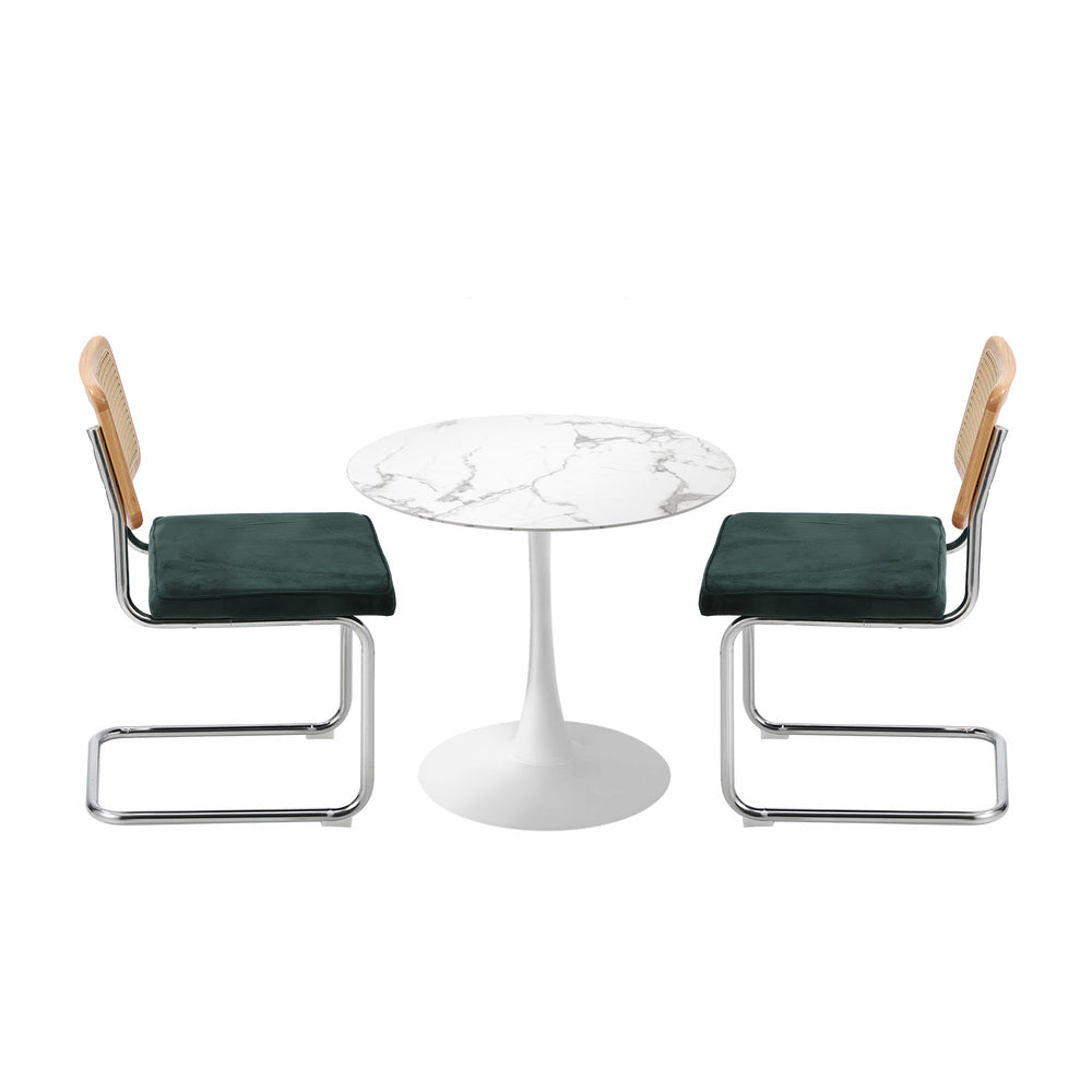 Oikiture 60cm Round Dining Table with 2PCS Dining Chairs Velvet Green