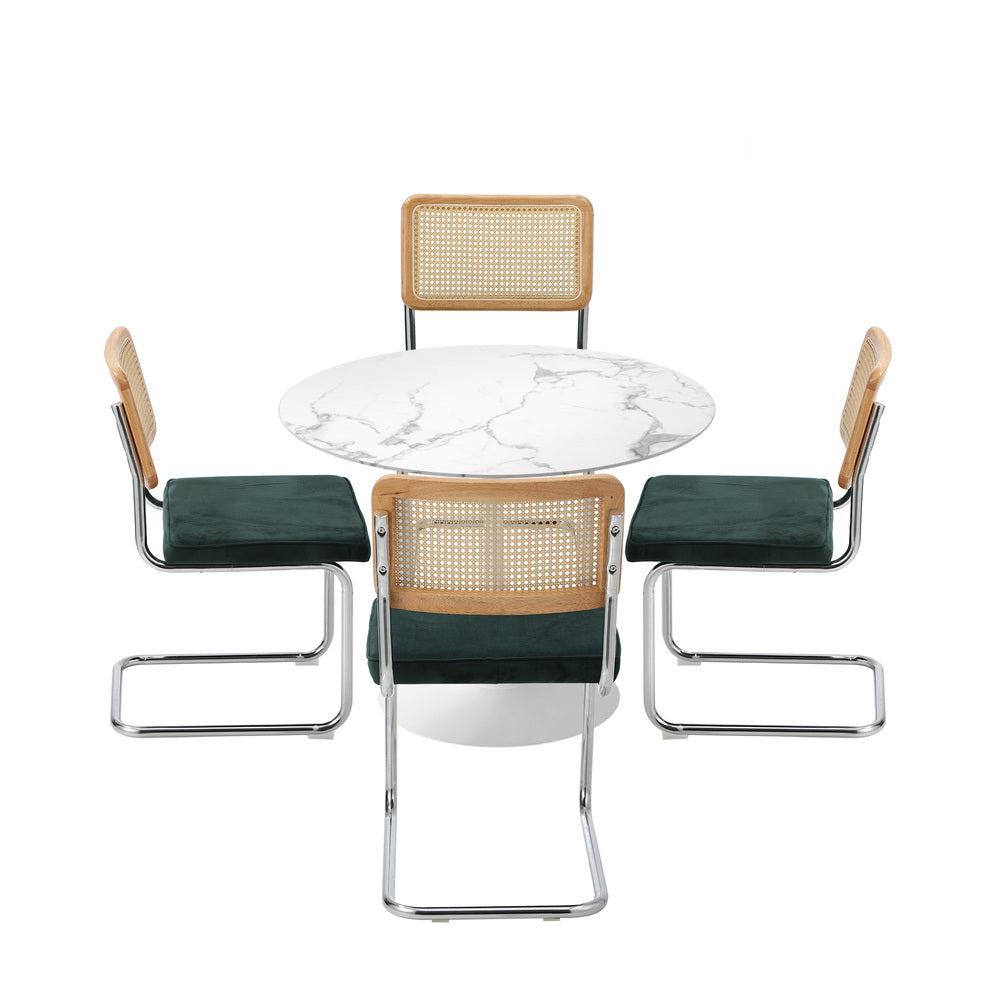 Oikiture 90cm Round Dining Table with 4PCS Dining Chairs Velvet White&Green