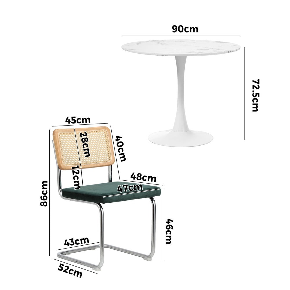 Oikiture 90cm Round Dining Table with 4PCS Dining Chairs Velvet White&Green
