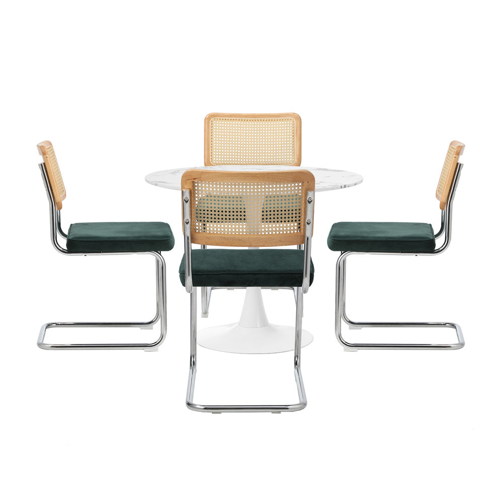Oikiture 90cm Round Dining Table with 4PCS Dining Chairs Velvet White&Green
