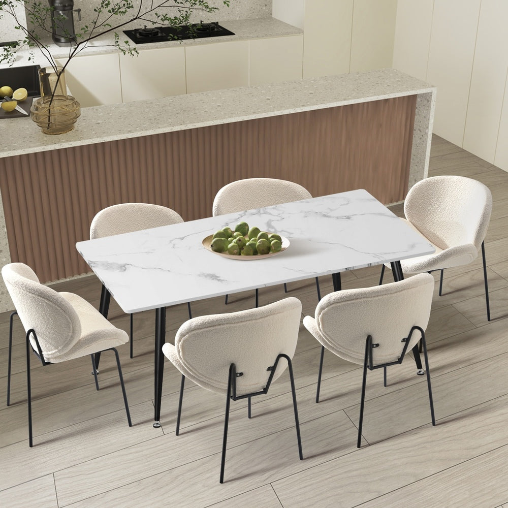 Oikiture 120cm Rectangle Dining Table with 6 Chairs Sherpa White