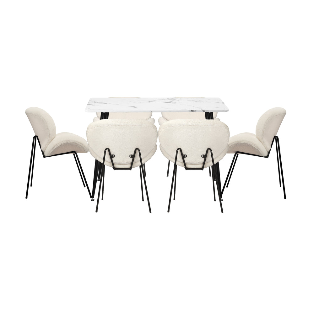 Oikiture 120cm Rectangle Dining Table with 6 Chairs Sherpa White