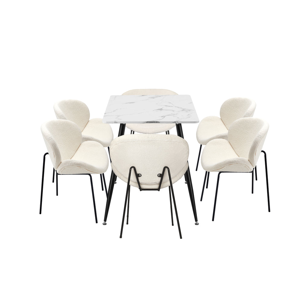 Oikiture 120cm Rectangle Dining Table with 6 Chairs Sherpa White