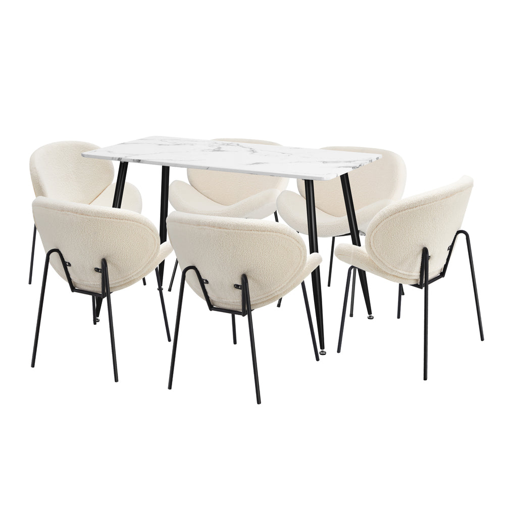 Oikiture 120cm Rectangle Dining Table with 6 Chairs Sherpa White