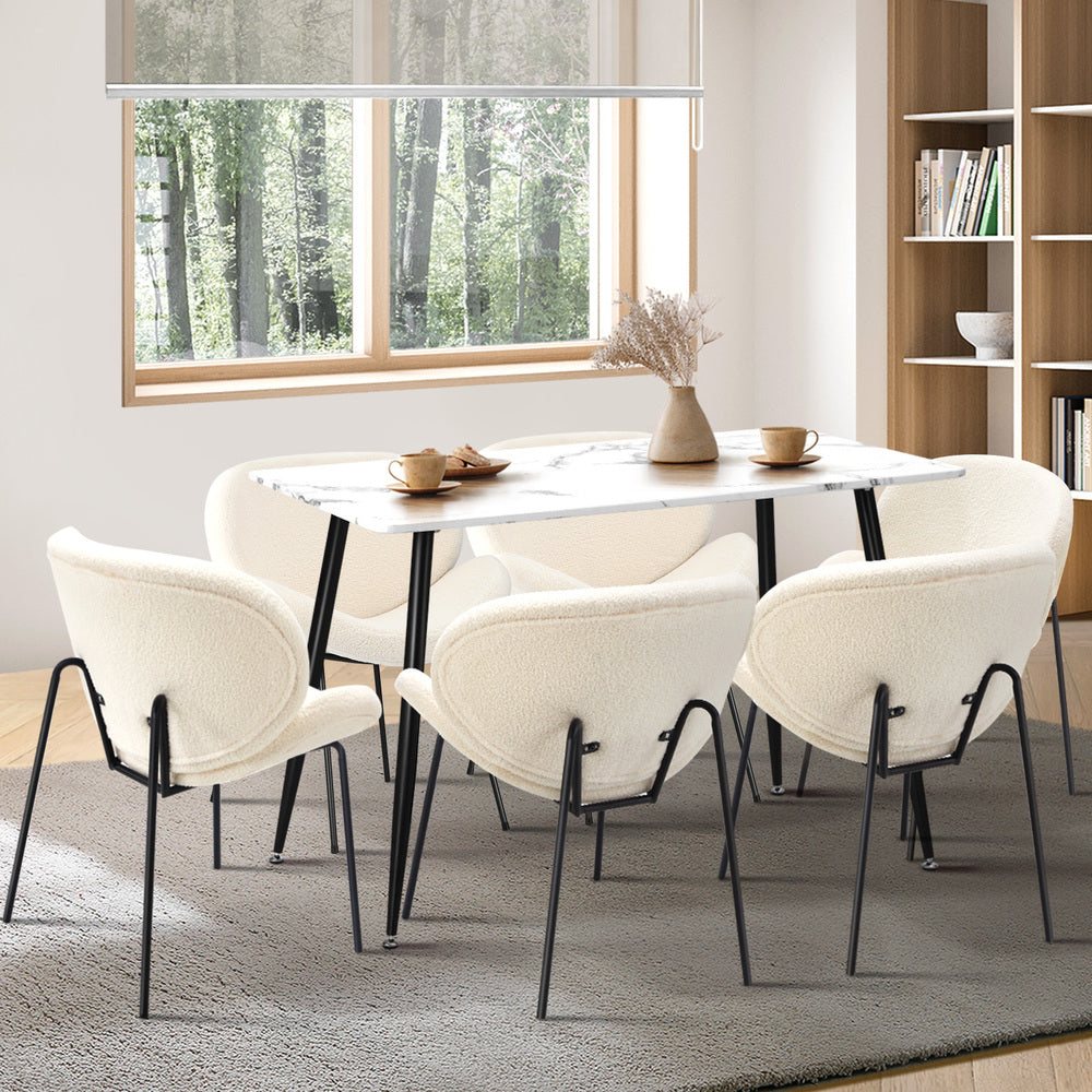 Oikiture 120cm Rectangle Dining Table with 6 Chairs Sherpa White