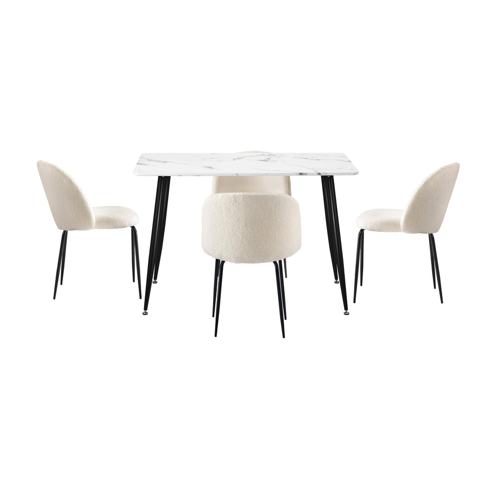Oikiture 120cm Rectangle Dining Table with 4PCS Chairs White Sherpa