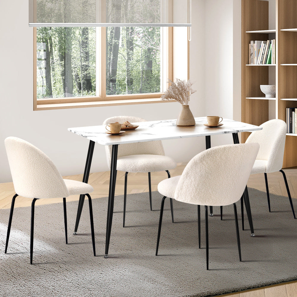 Oikiture 120cm Rectangle Dining Table with 4PCS Chairs White Sherpa