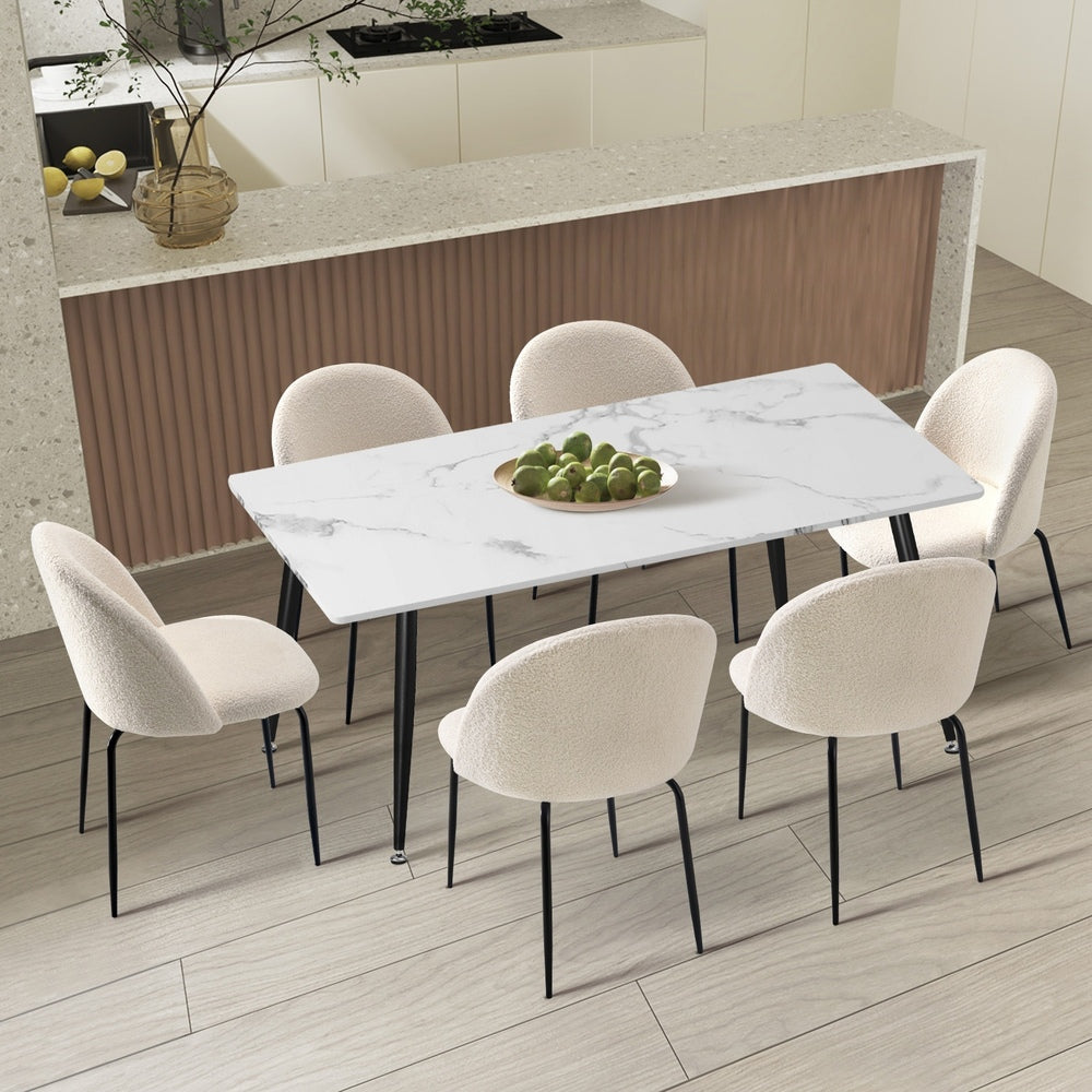 Oikiture 120cm Rectangle Dining Table with 6PCS Chairs White Sherpa