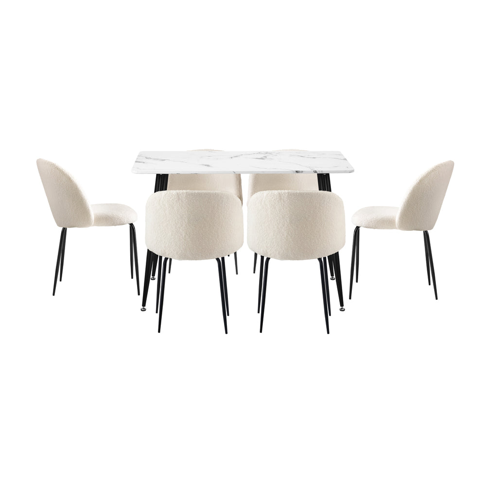Oikiture 120cm Rectangle Dining Table with 6PCS Chairs White Sherpa