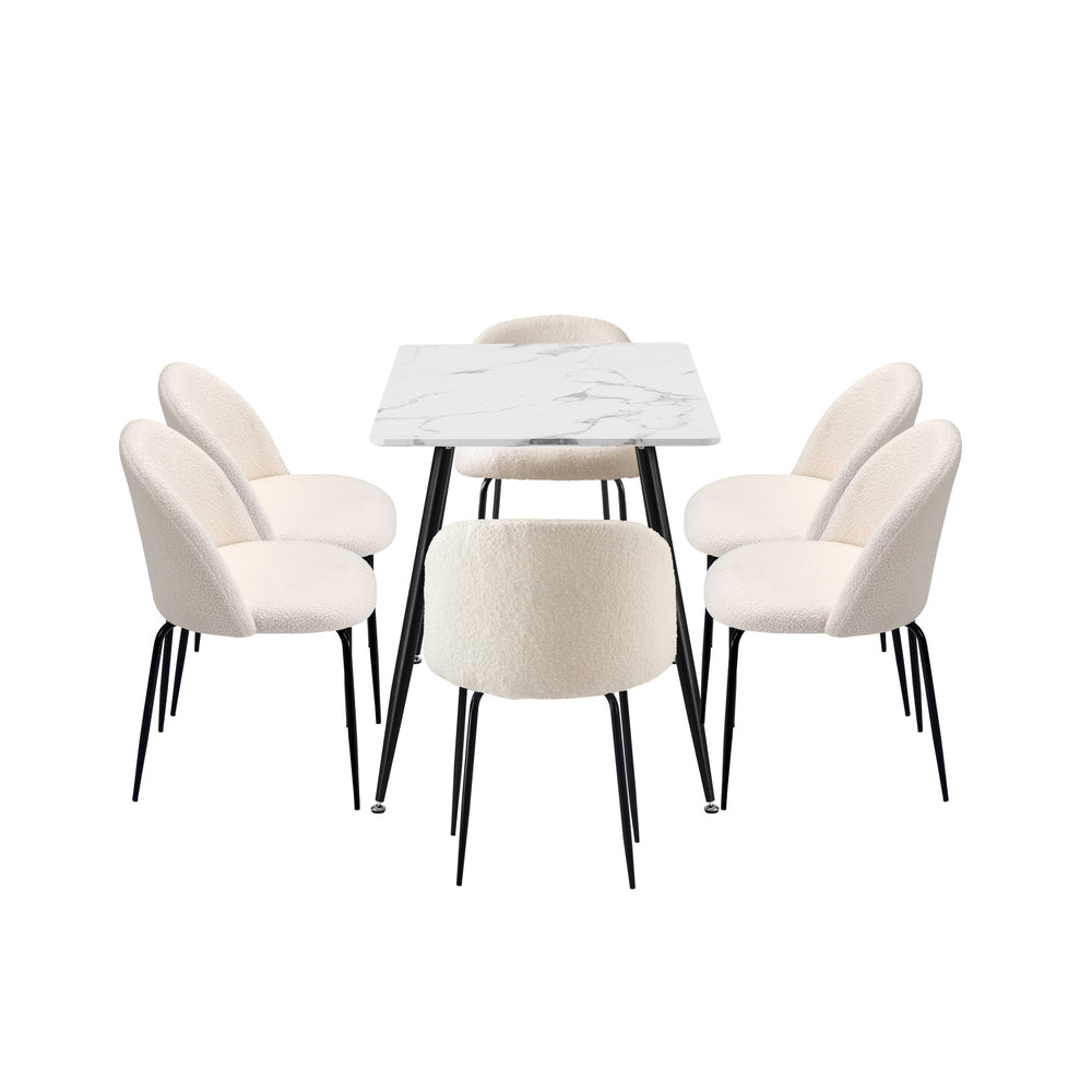 Oikiture 120cm Rectangle Dining Table with 6PCS Chairs White Sherpa