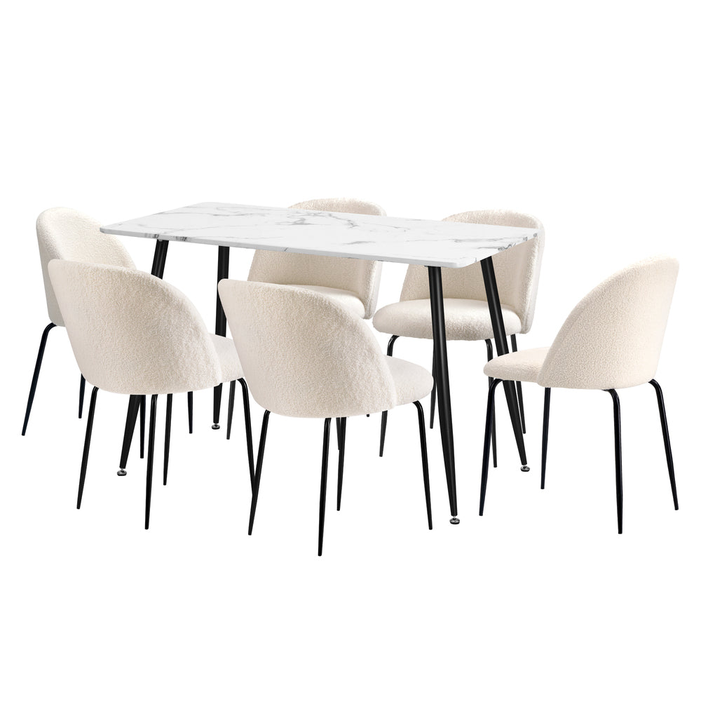 Oikiture 120cm Rectangle Dining Table with 6PCS Chairs White Sherpa