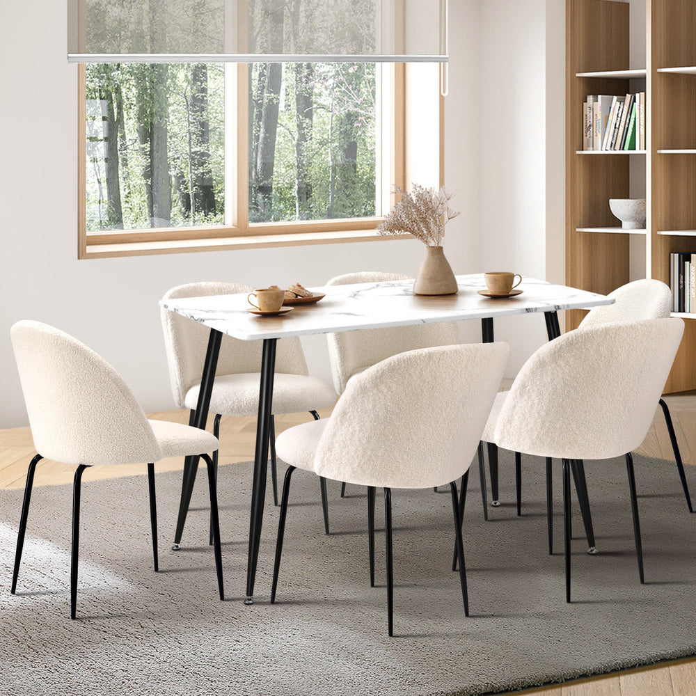 Oikiture 120cm Rectangle Dining Table with 6PCS Chairs White Sherpa