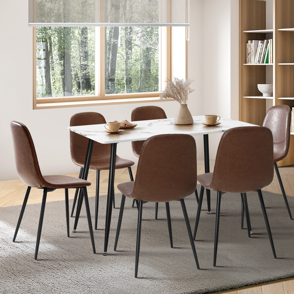 Oikiture 120cm Rectangle Dining Table with 6PCS Chairs PU Brown