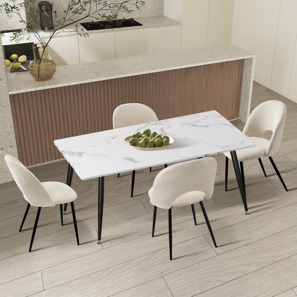 Oikiture 120cm Rectangle Dining Table with 4PCS Chairs Sherpa White