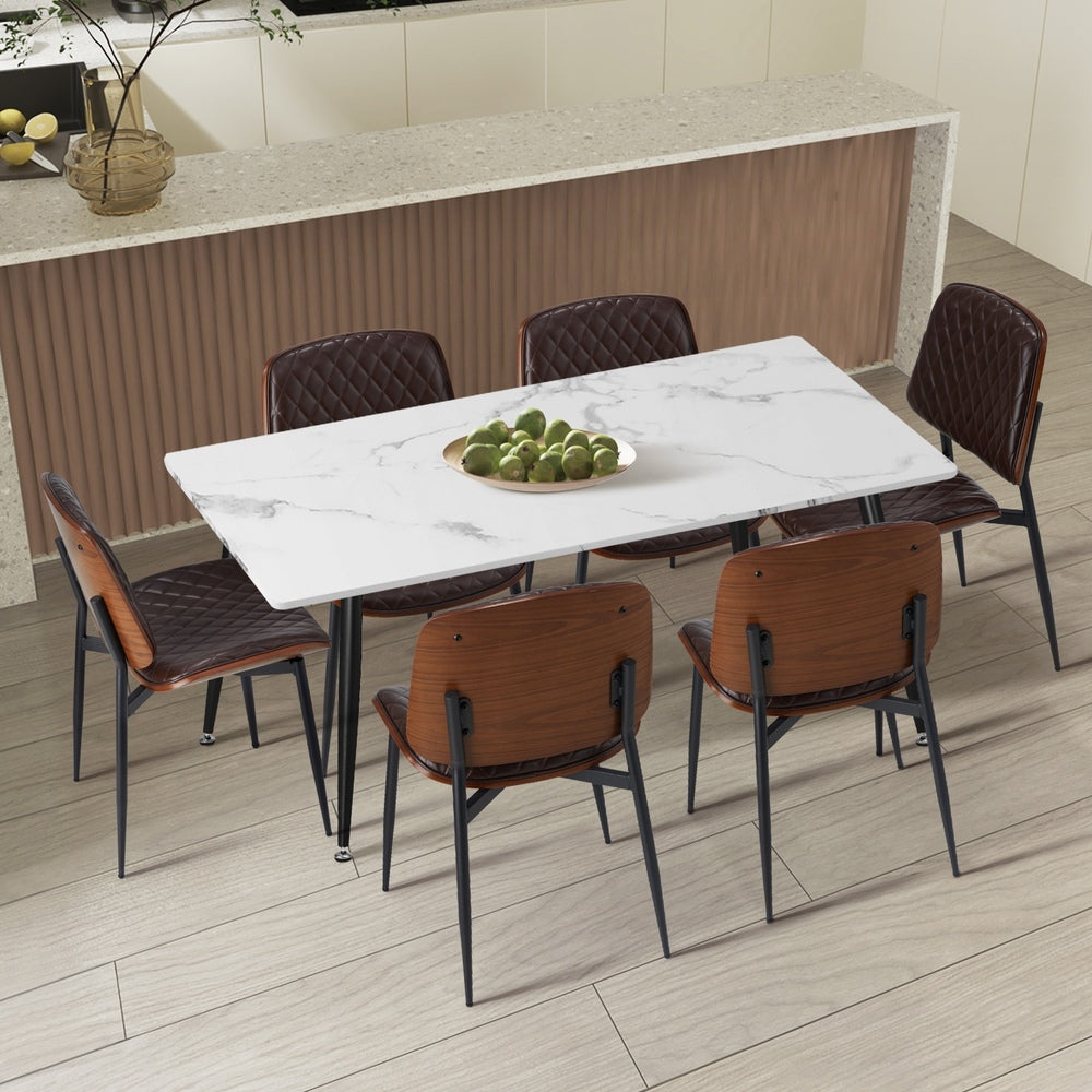 Oikiture 120cm Rectangle Dining Table with 6PCS Chairs PU Walnut