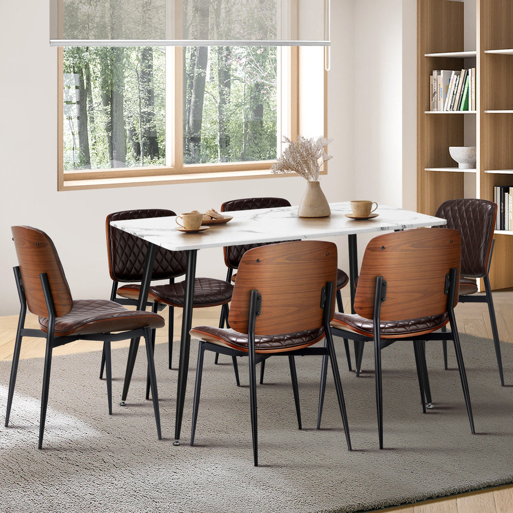 Oikiture 120cm Rectangle Dining Table with 6PCS Chairs PU Walnut