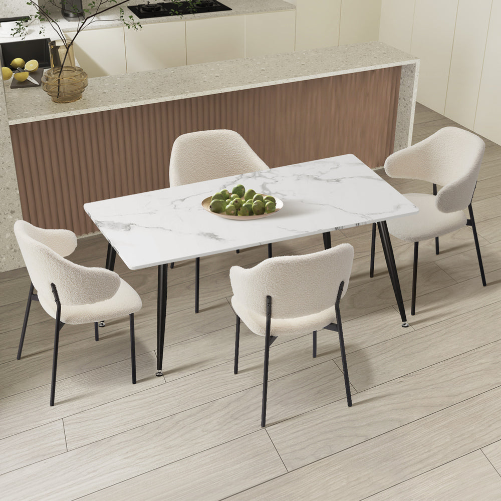Oikiture 120cm Rectangle Dining Table with 4PCS Chairs Sherpa White
