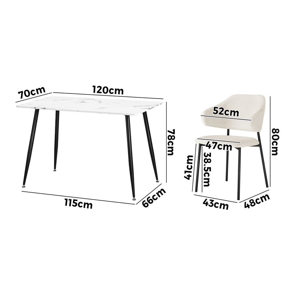 Oikiture 120cm Rectangle Dining Table with 4PCS Chairs Sherpa White