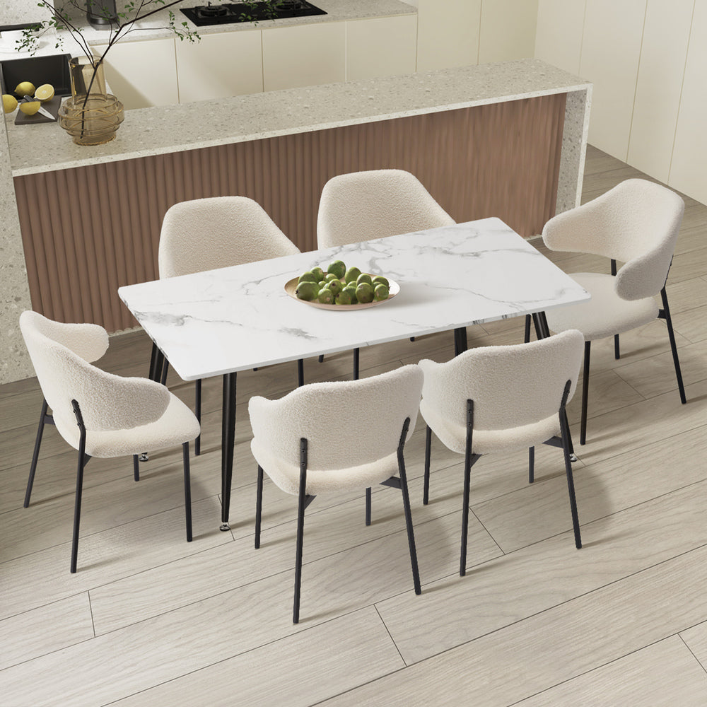 Oikiture 120cm Rectangle Dining Table with 6PCS Chairs Sherpa White