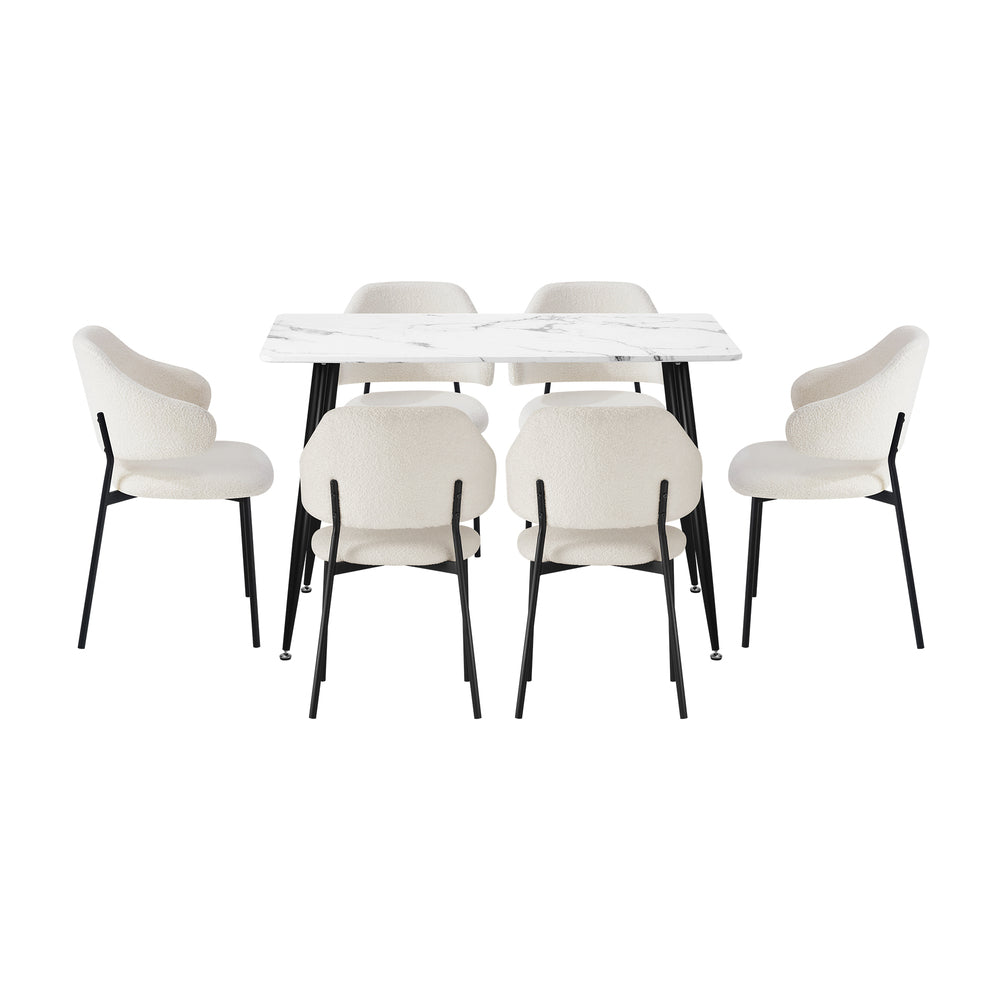 Oikiture 120cm Rectangle Dining Table with 6PCS Chairs Sherpa White