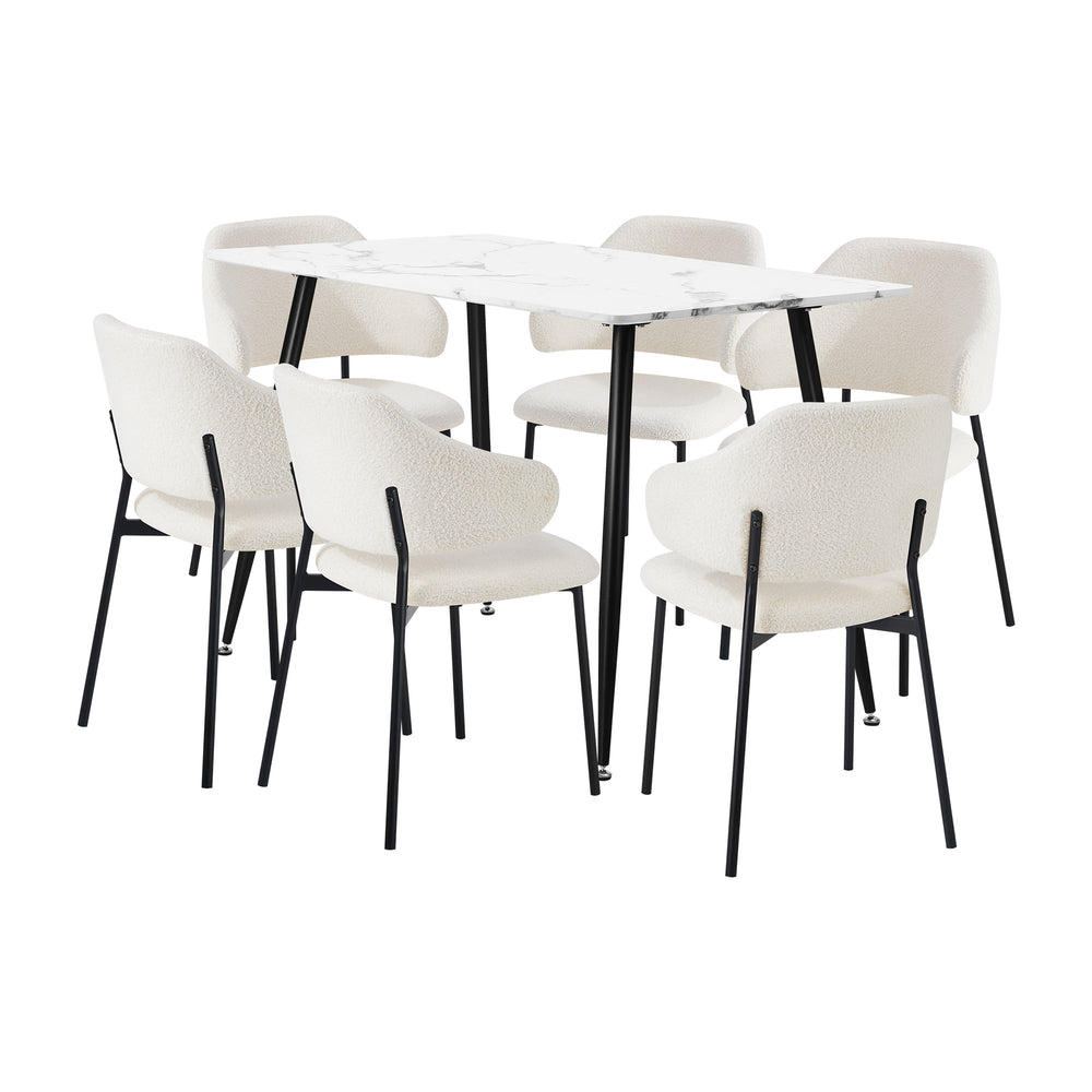 Oikiture 120cm Rectangle Dining Table with 6PCS Chairs Sherpa White