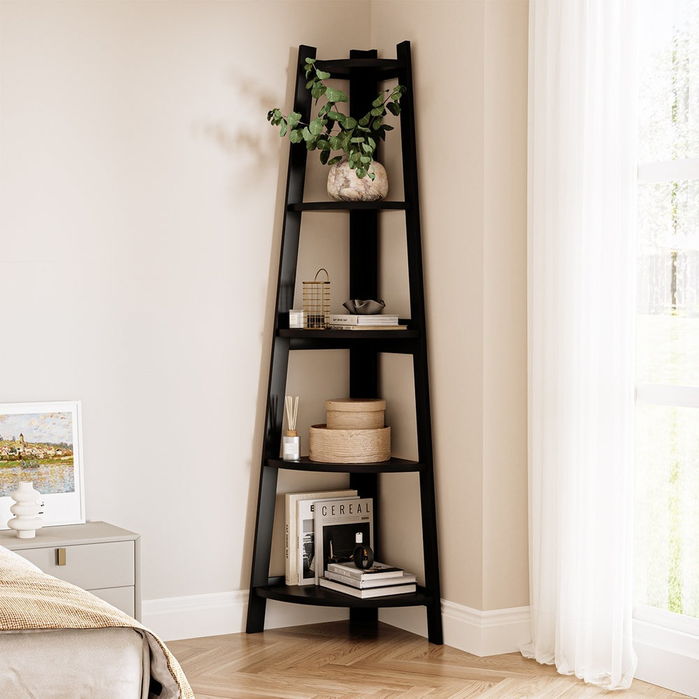 Oikiture Corner Ladder Shelf 5-Tier Display Shelf Black