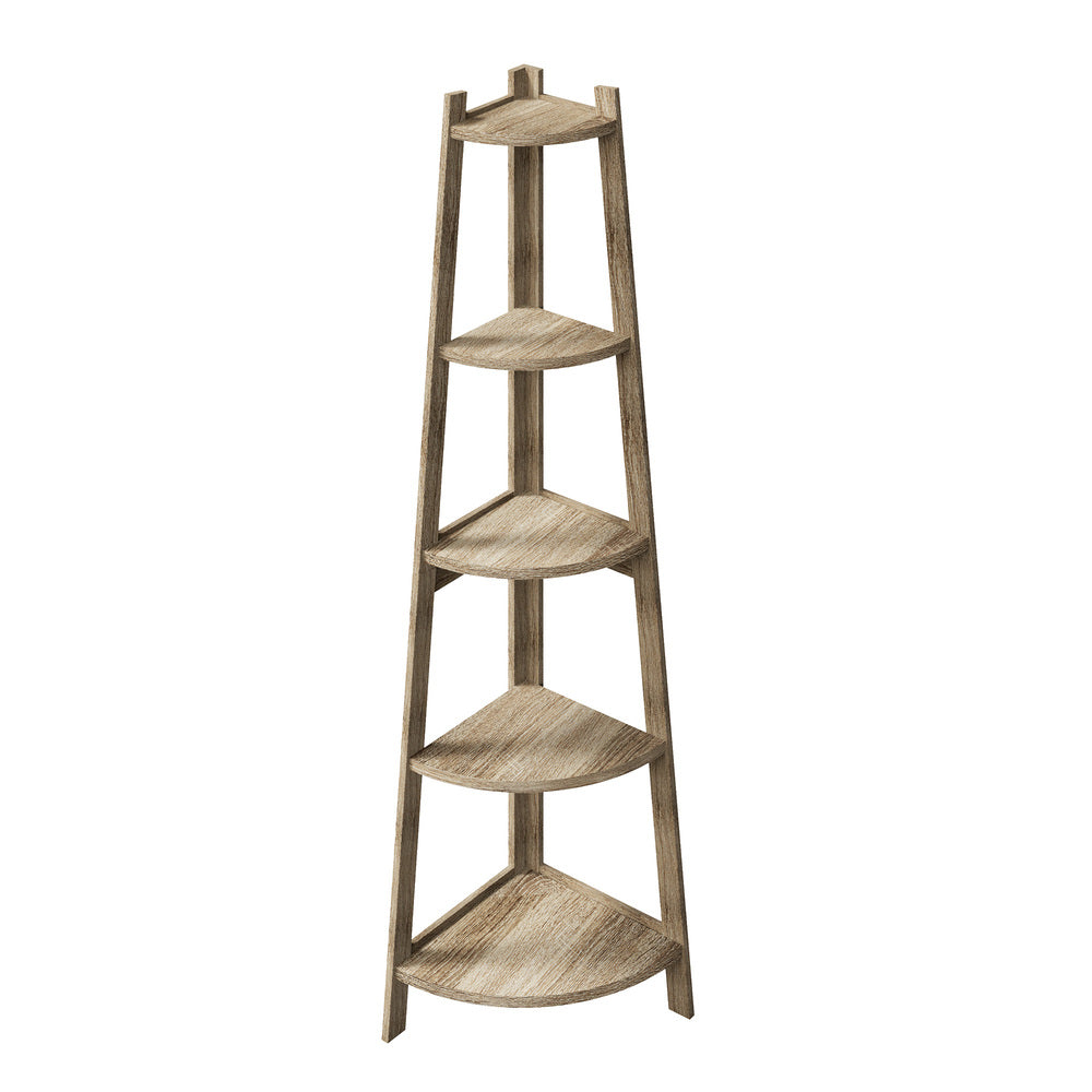 Oikiture Corner Ladder Shelf 5 Tier Display Stand Bookshelf Natural