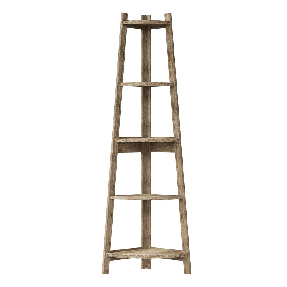 Oikiture Corner Ladder Shelf 5 Tier Display Stand Bookshelf Natural