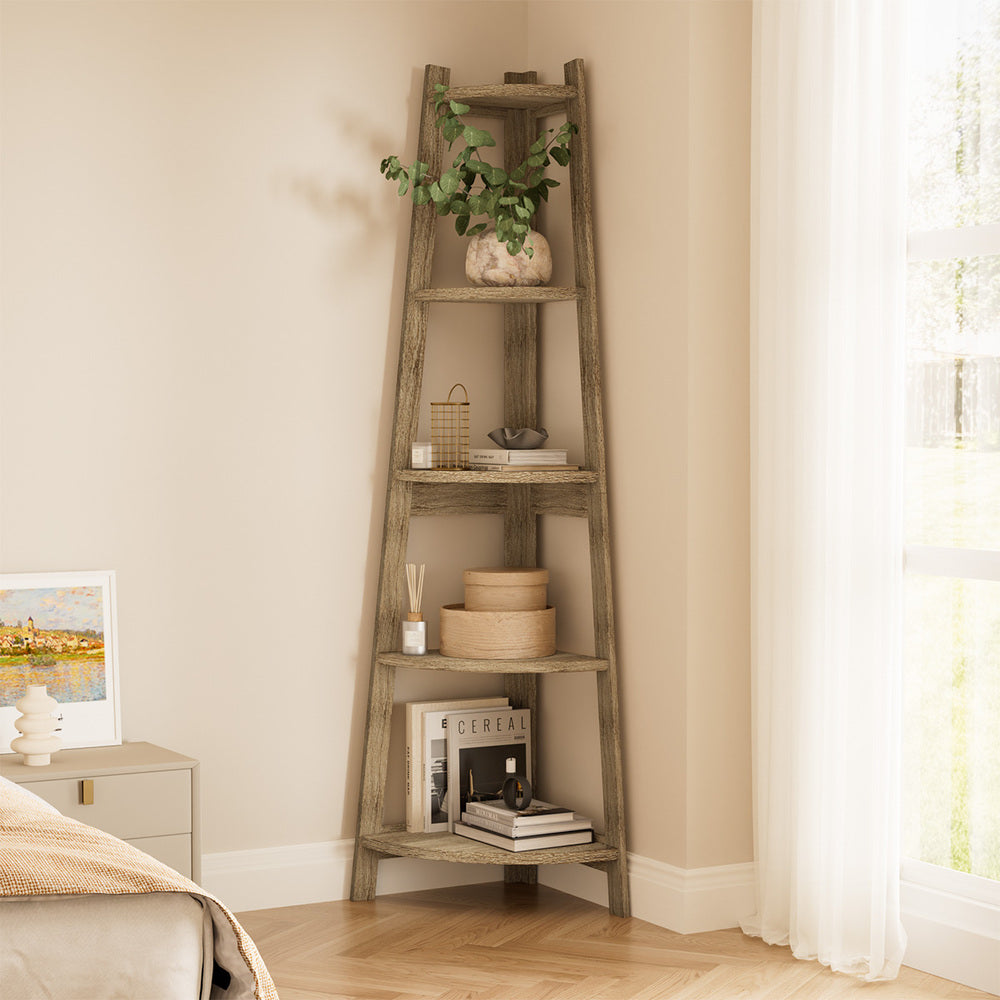 Oikiture Corner Ladder Shelf 5 Tier Display Stand Bookshelf Natural