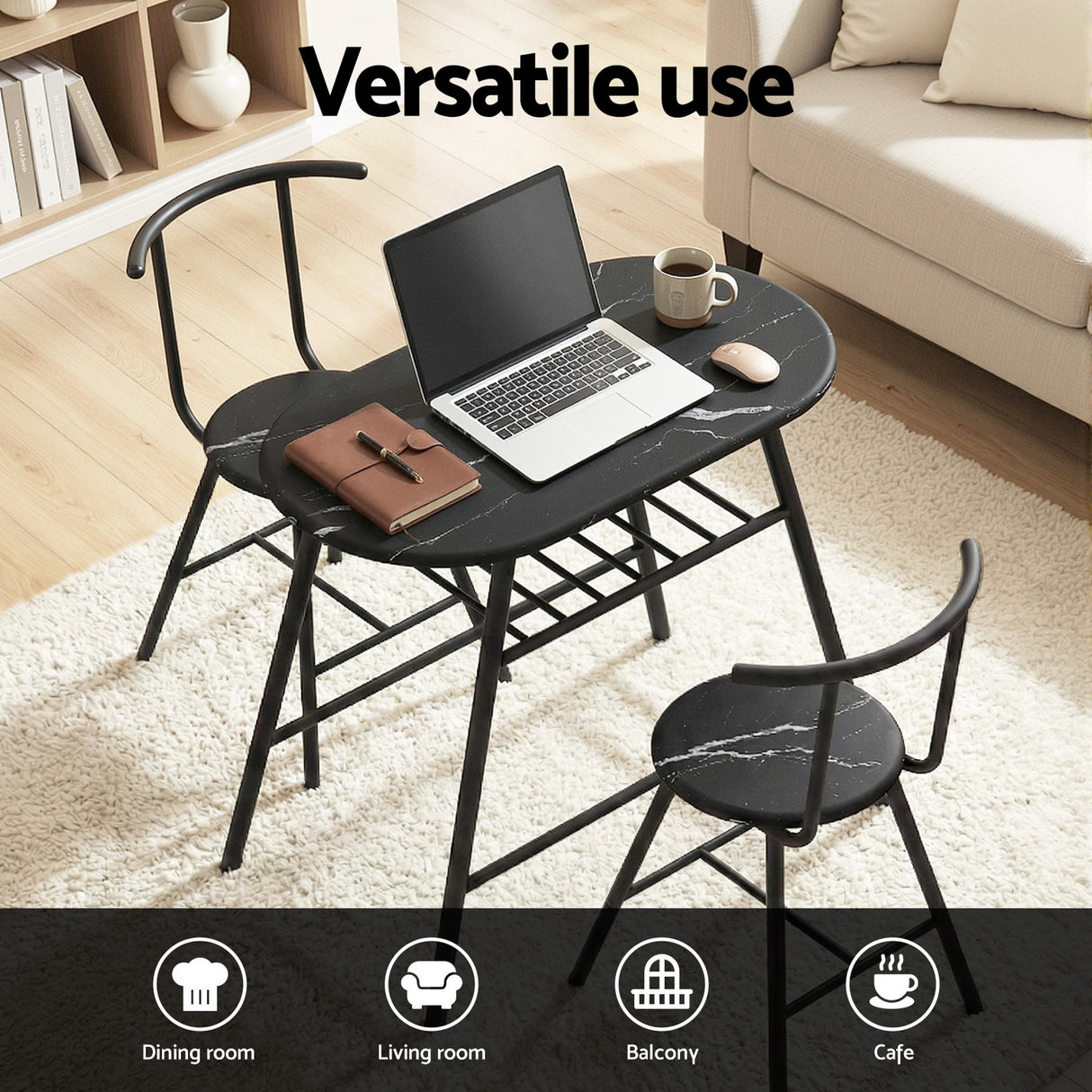 Artiss Dining Table Set 3PC Bistro Kitchen Storage Wine Rack Black Marble Style