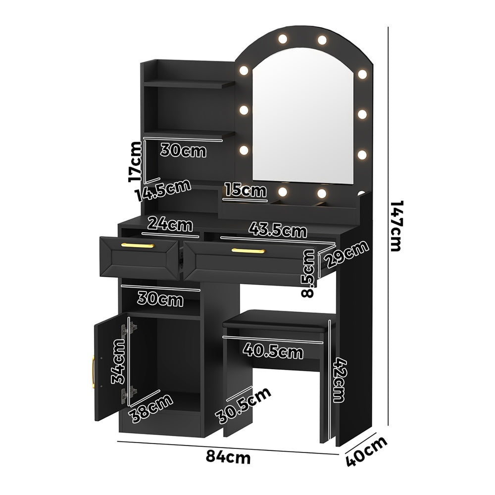 Oikiture Dressing Table Stool Set Arch Mirror 12 LED Bulbs Black