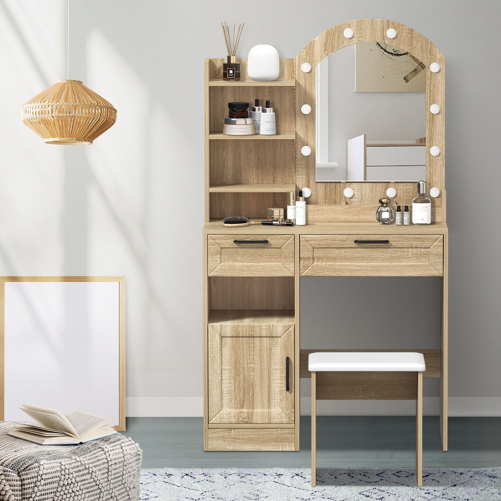 Oikiture Dressing Table Stool Set Arch Mirror 12 LED Bulbs Natural