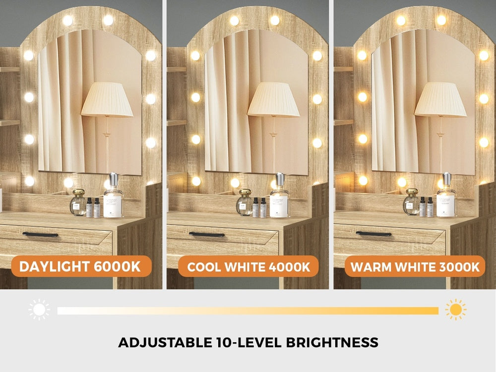 Oikiture Dressing Table Stool Set Arch Mirror 12 LED Bulbs Natural