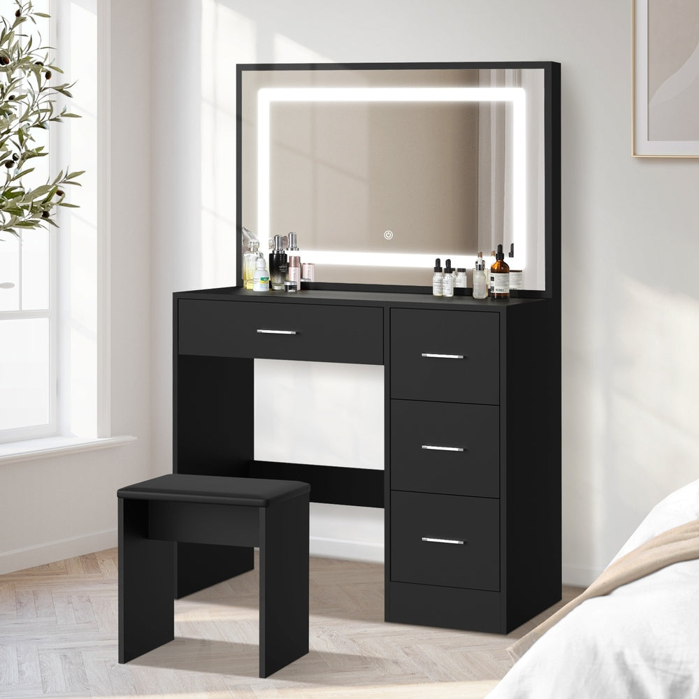 Oikiture Dressing Table Stool Set Large Mirror LED Light Black
