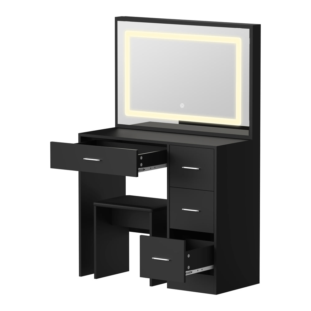 Oikiture Dressing Table Stool Set Large Mirror LED Light Black