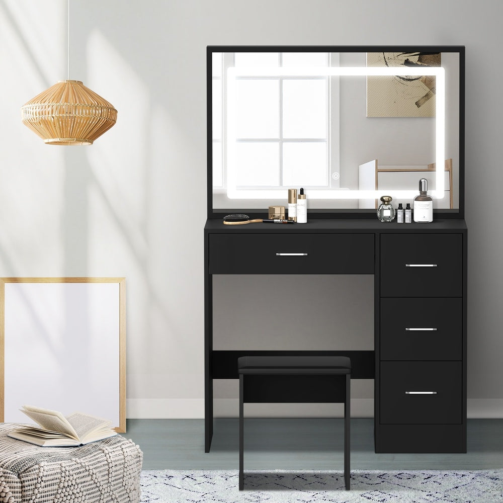 Oikiture Dressing Table Stool Set Large Mirror LED Light Black