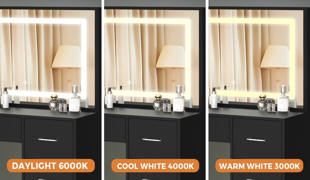 Oikiture Dressing Table Stool Set Large Mirror LED Light Black