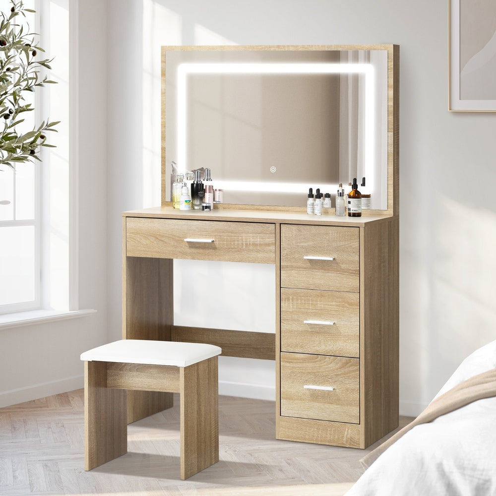 Oikiture Dressing Table Stool Set Large Mirror LED Light Natural