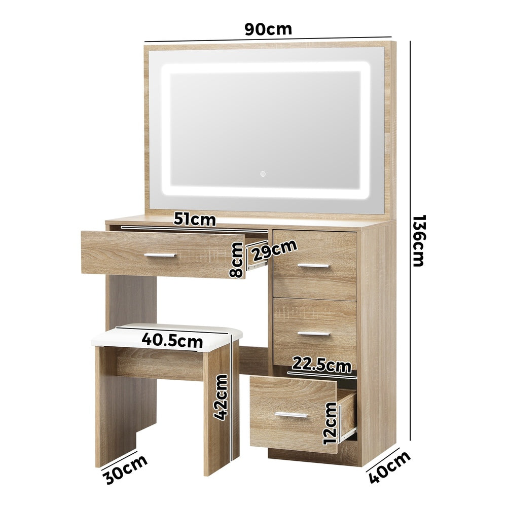 Oikiture Dressing Table Stool Set Large Mirror LED Light Natural