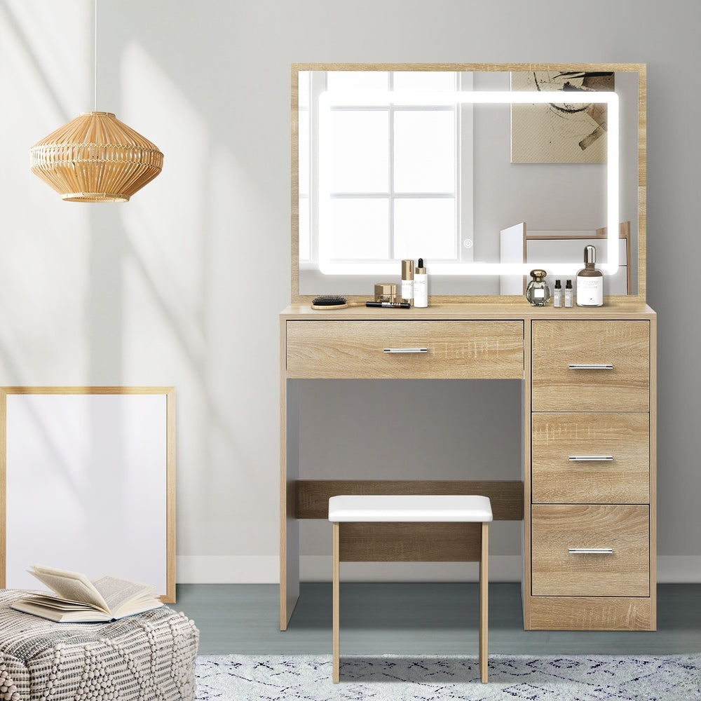 Oikiture Dressing Table Stool Set Large Mirror LED Light Natural