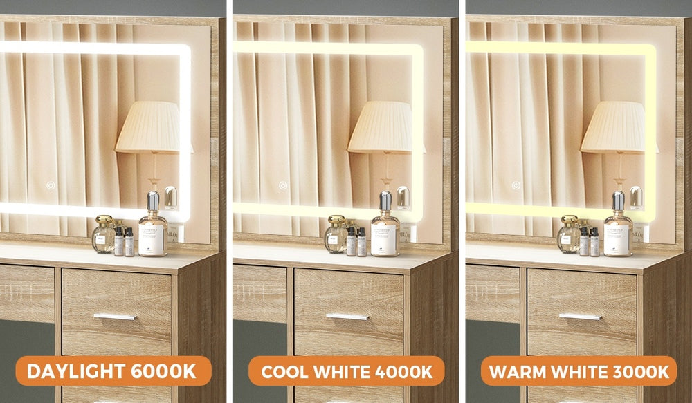 Oikiture Dressing Table Stool Set Large Mirror LED Light Natural
