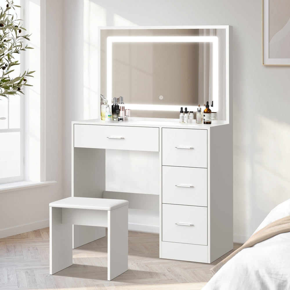 Oikiture Dressing Table Stool Set Large Mirror LED Light White