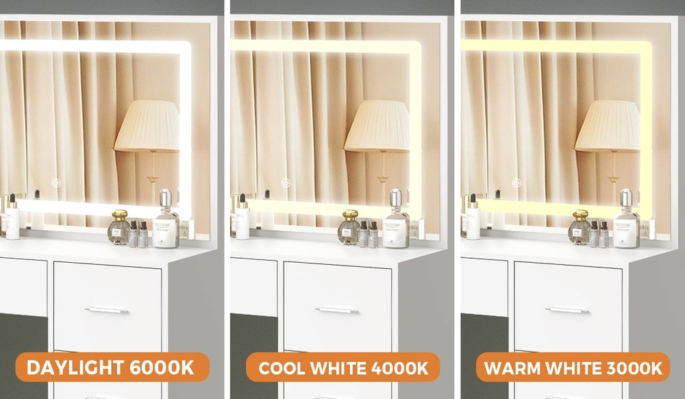 Oikiture Dressing Table Stool Set Large Mirror LED Light White