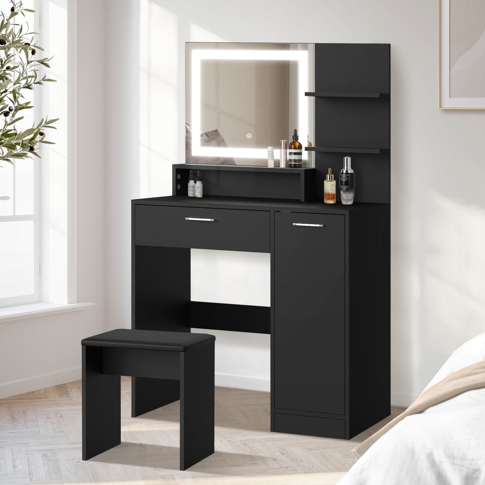 Oikiture Dressing Table Stool Set LED Light Large Cabinet Black