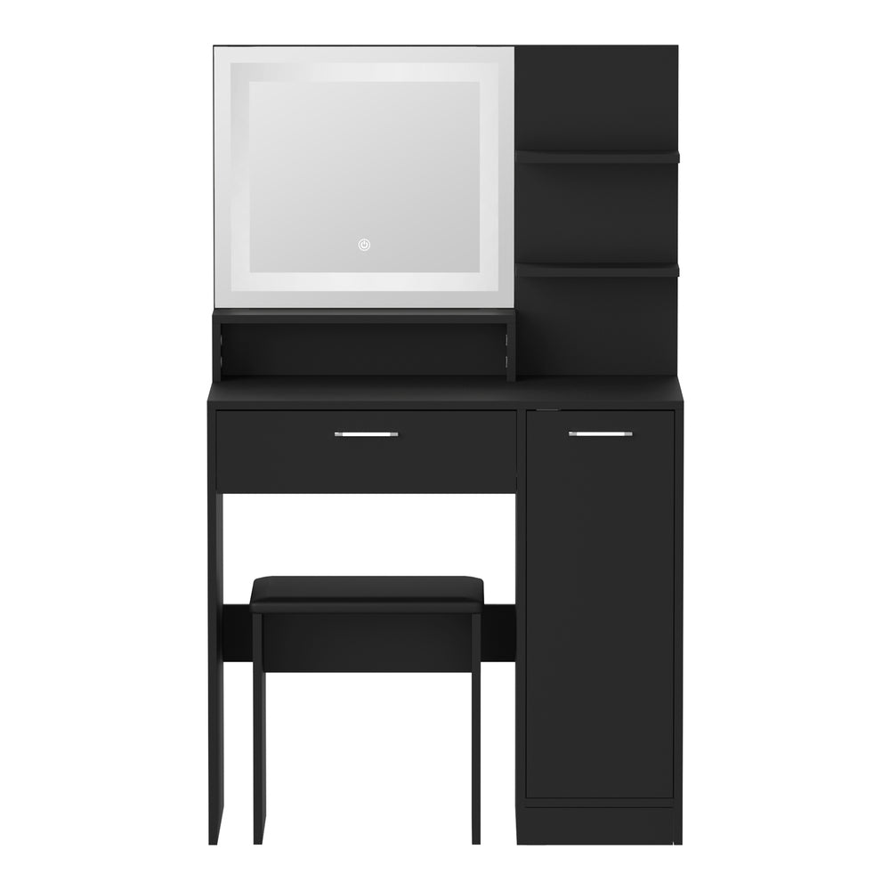 Oikiture Dressing Table Stool Set LED Light Large Cabinet Black