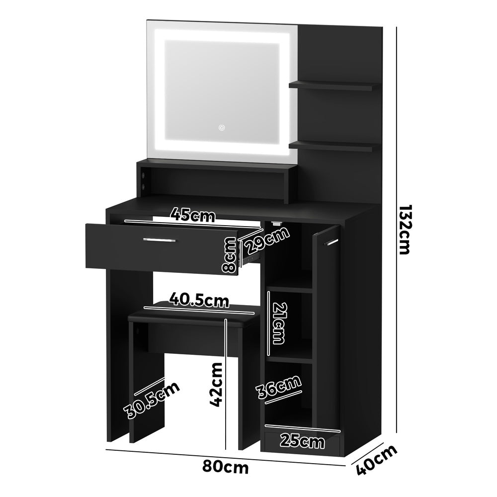 Oikiture Dressing Table Stool Set LED Light Large Cabinet Black
