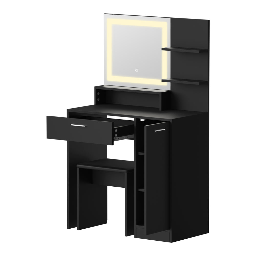 Oikiture Dressing Table Stool Set LED Light Large Cabinet Black