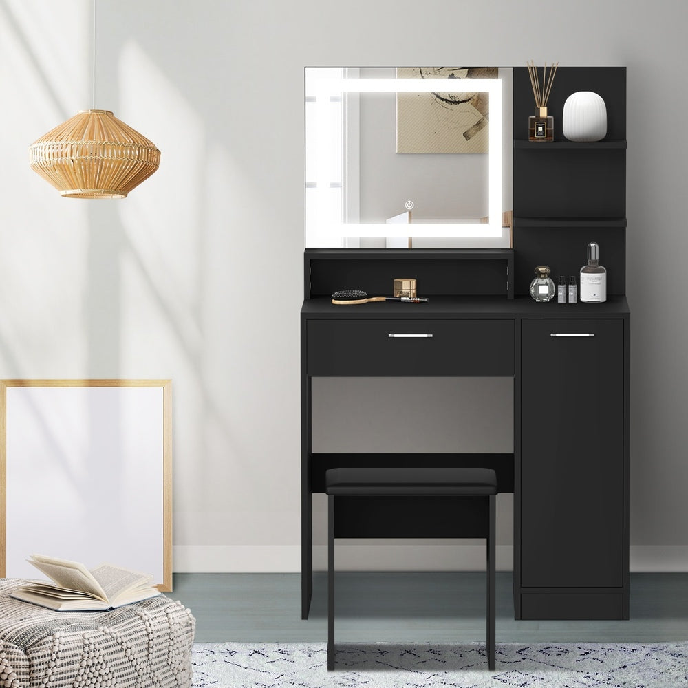 Oikiture Dressing Table Stool Set LED Light Large Cabinet Black