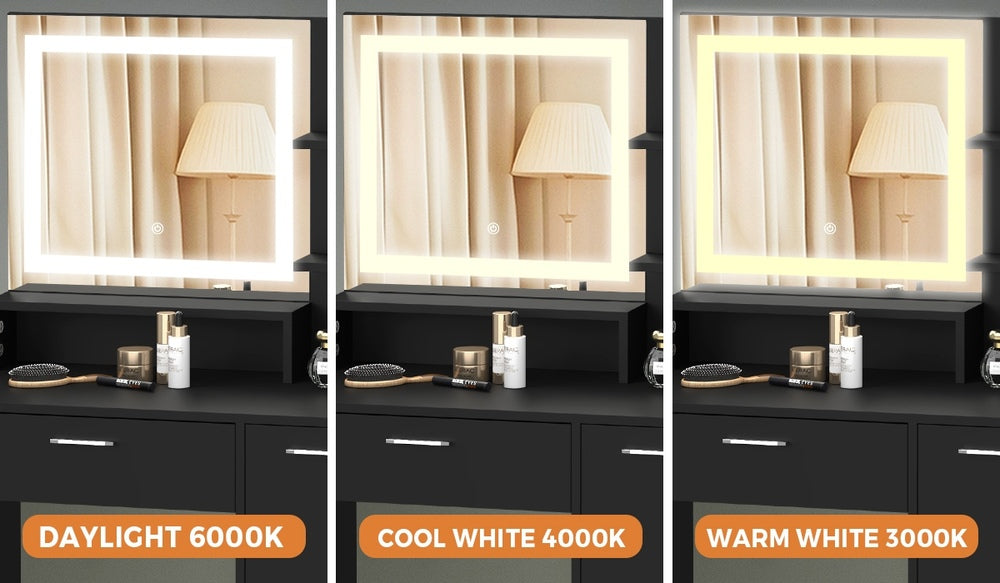 Oikiture Dressing Table Stool Set LED Light Large Cabinet Black